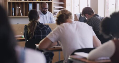 Aufkleber - Education, learning and student writing an exam or test in a class at school with a teacher. Classroom, students and high school with people studying for growth and development at a desk or table