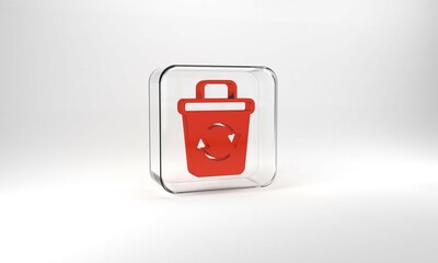 Wall Mural - Red Recycle bin with recycle symbol icon isolated on grey background. Trash can icon. Garbage bin sign. Recycle basket sign. Glass square button. 3d illustration 3D render