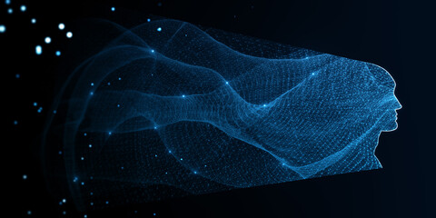 Poster - Abstract wide digital head outline with glowing lines and blurry bokeh circles on blue texture. Technology, future, ai and machine learning concept. 3D Rendering.