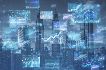 Poster - Creative business forex chart hologram on blurry city background. Finance, stock, trade and financial growth. Double exposure.