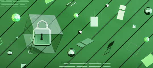 Poster - Modern web protection wide green background with padlock and other icons. Secure, safety and web browser concept. 3D Renderin.