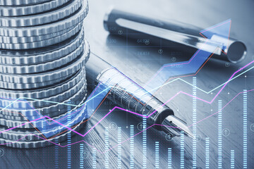 Poster -  stacked coins and pen with creative glowing forex chart and arrows on index grid hologram, blurry backdrop. Trade, financial growth, analytics, workplace and market concept. Double exposure.