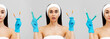 © _KUBE_ - Banner of professional cosmetology. Portraits of a shocked young woman holding syringes in her hands. Gray background. Concept of a victim of plastic surgery