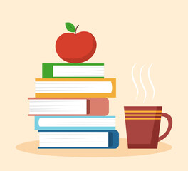 Wall Mural - Education concept - stack of books, apple and cup of tea