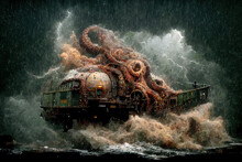 Octopus Monster Crawls On A Boat. Ship In Sea Storm Fighting Huge Octopus. Great Danger. Concept Art Scenery. Book Illustration. Video Game Scene. Serious Digital Painting. CG Artwork Background.