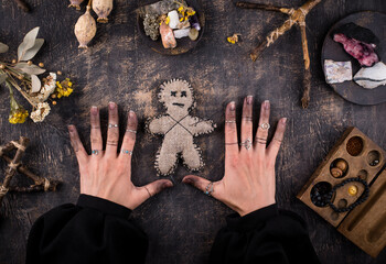 Poster - Voodoo doll. Black magic esoteric ritual. Halloween concept.