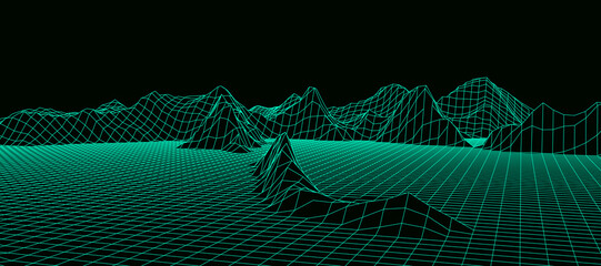 Poster - digital wireframe landscape. wireframe terrain polygon landscape design. digital cyberspace in mount