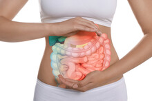 Closeup View Of Woman With Illustration Of Abdominal Organs On Her Belly Against White Background