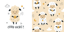 Animal Pattern With Cute Sheep And  Print For  Kids. Vector Seamless Texture For Childish Bedding, Fabric, Wallpaper, Wrapping Paper, Textile, T-shirt