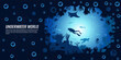 Save the oceans illustration. Sea depths with silhouettes of fish, sharks, turtles, coral reefs and sea plants. Side and top view. Seascape with its inhabitants. Design for web sites, banners.