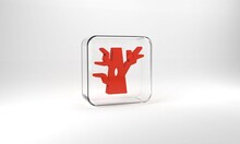 Red Bare Tree Icon Isolated On Grey Background. Glass Square Button. 3d Illustration 3D Render