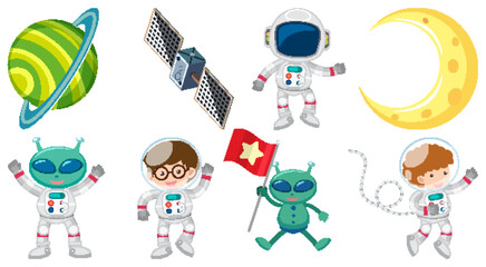 Wall Mural - Set of space cartoon characters and objects