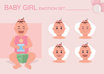 Poster - Joyful baby girl semi flat color character emotions set. Editable facial expressions. Happiness vector style illustration for motion graphic design and animation. Quicksand font used
