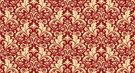 Floral pattern. Vintage wallpaper in the Baroque style. Seamless vector background. Gold and red ornament for fabric, wallpaper, packaging. Ornate Damask flower ornament