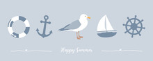 Happy Summer Holiday Banner Design With Gull Sailing Boat Shell And Anchor