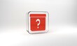 Red Mystery box or random loot box for games icon isolated on grey background. Question mark. Unknown surprise box. Glass square button. 3d illustration 3D render