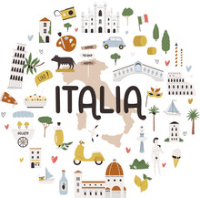 Circle Decoration, Emblem With Famous Symbols And Landmarks Of Italy