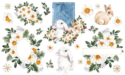 Watercolor Winter illustration with cute bunny, christmas floral element, snowflakes. Symbol of the year, happy New Year and merry Christmas. 