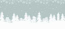 Christmas Background. Seamless Border. Fairy Tale Winter Landscape. There Are White Houses And Fir Trees On A Gray Background. Vector Illustration