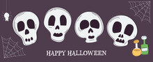 Set Of Elements For Halloween Holiday With Cute Skulls. For Greeting Cards, Party Invitations, Tags, Stickers. Vector Hand Drawn.