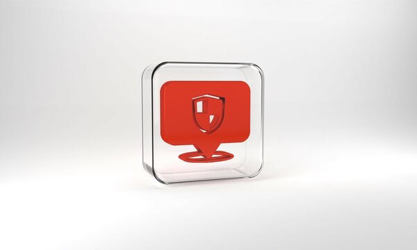 Red Location shield icon isolated on grey background. Insurance concept. Guard sign. Security, safety, protection, privacy concept. Glass square button. 3d illustration 3D render