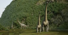 Groups Of Brachiosaurs, Triceratops And A Flock Of Pterosaurs Moving Through A Canyon 3D Rendering.