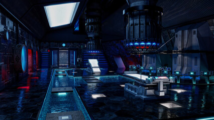 Poster - Dark atmospheric futuristic science fiction alien technology lab room in a space ship or station. 3D rendering.