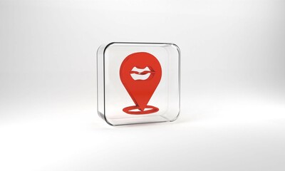 Red Smiling lips icon isolated on grey background. Smile symbol. Glass square button. 3d illustration 3D render