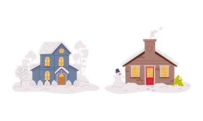 Wall Mural - Wooden houses in winter landscape with glowing windows flat vector illustration