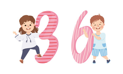 Wall Mural - Cute happy kids with numbers. Joyful boy and girl holding three and six number. Birthday ages, party decoration, education materials cartoon vector illustration