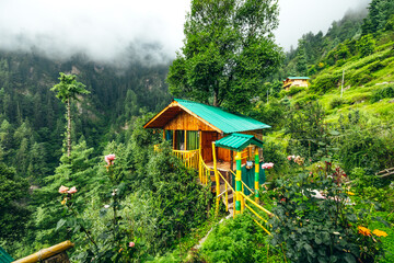 wide landscape of beautiful treehouse in the cedar forest of Jibhi surrounded by greenery and moody clouds