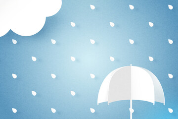 Poster - Umbrella, Rain and cloud on blue sky background. Rainy season, Paper cut of monsoon sale banner template. Vector illustration.