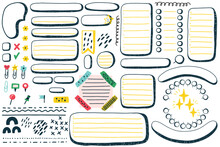 Doodle Set Scrapbook Decor Vector Element. Notebook Sheets, Chore Charts With Paperclip, Sticky Tape, Frames, Icons. Notepad Page Kids Daily Planner For To Do List, Bullet Journal