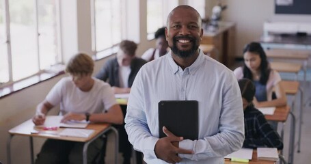 Aufkleber - High school teacher with students writing an exam, test and study in a classroom diversity portrait. Happy professional educator with learning, education and smart children working in creative books