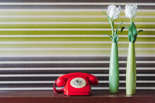 Retro Fashioned Phone And Flowers On Table