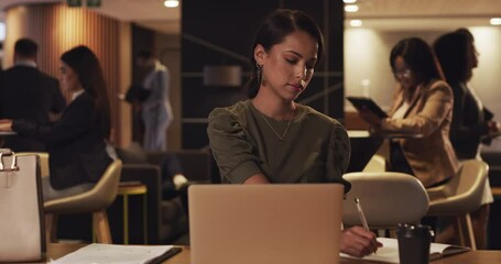 Aufkleber - Business woman in conference convention for work, planning and break from night trade show, workshop and seminar. Worker on laptop writing analytics idea for strategy, trading proposal and learning