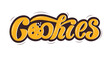 © Katerina Polibina - Cookies logo, yellow-brown volume handwritten letters digital vector illustration of cookies on the white background. The illustration is for the cookie packaging banner cards poster. Dessert.