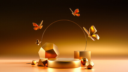 golden dais or podium background for product visualization or presentation with shiny rough golden materials and colors with butterflies - 3d render of stage design with studio backdrop