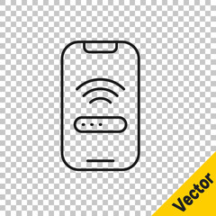 Poster - Black line Smartphone with free wi-fi wireless connection icon isolated on transparent background. Wireless technology, wi-fi connection, wireless network. Vector