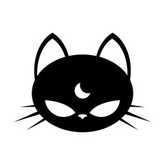 Wall Mural - Magical black cat. Cartoon face character. Cat head sticker. Vector illustration isolated on white background.