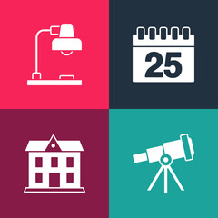 Canvas Print - Set pop art Telescope, School building, Calendar and Table lamp icon. Vector