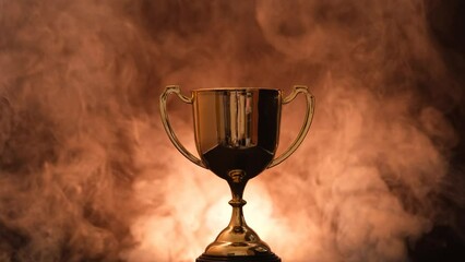 Wall Mural - the golden trophy on a black background smokes around a fierce and fiery concept of competition or v