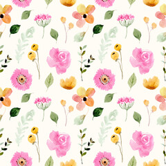 Poster - yellow pink cute floral watercolor seamless pattern