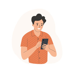 Wall Mural - Young man looks into the smartphone. Vector flat style  illustration