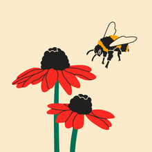 Puffy Bumblebee Or Bee Flying Towards Red Flowers. Bee Collects Pollen. Spring, Summer, Nature Concept. Hand Drawn Modern Vector Illustration. Logo, Print, Design Template