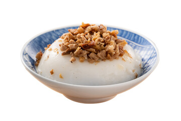 Wall Mural - Taiwanese savory rice pudding Wa gui with chopped dried radish and soy sauce isolated on white background.