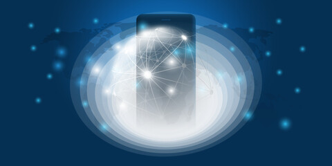Poster - Abstract Blue Cloud Computing, Networks, Mobility, Telecommunications Concept, 3D Design with Glowing Whirling Lines of Flowing Data and Mobile Phone on Dark World Map Background - Vector Illustration