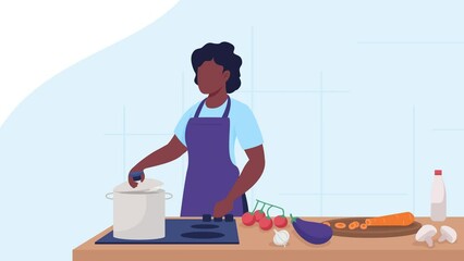 Poster - Animated culinary class illustration. Look at boiling water in pot. Food preparation. Cooking workshop. Looped flat color 2D cartoon character animation video in 4k with interior on background