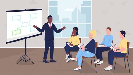 Poster - Animated seminar illustration. Sharing business insights. Entrepreneur workshop. Business management. Looped flat color 2D cartoon characters animation video in 4k with interior on background