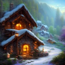 Medieval Thatched Cottage With Cobblestone Walls In A Misty Moonlit Forest At Night. Fantasy Digital Painting Concept Art